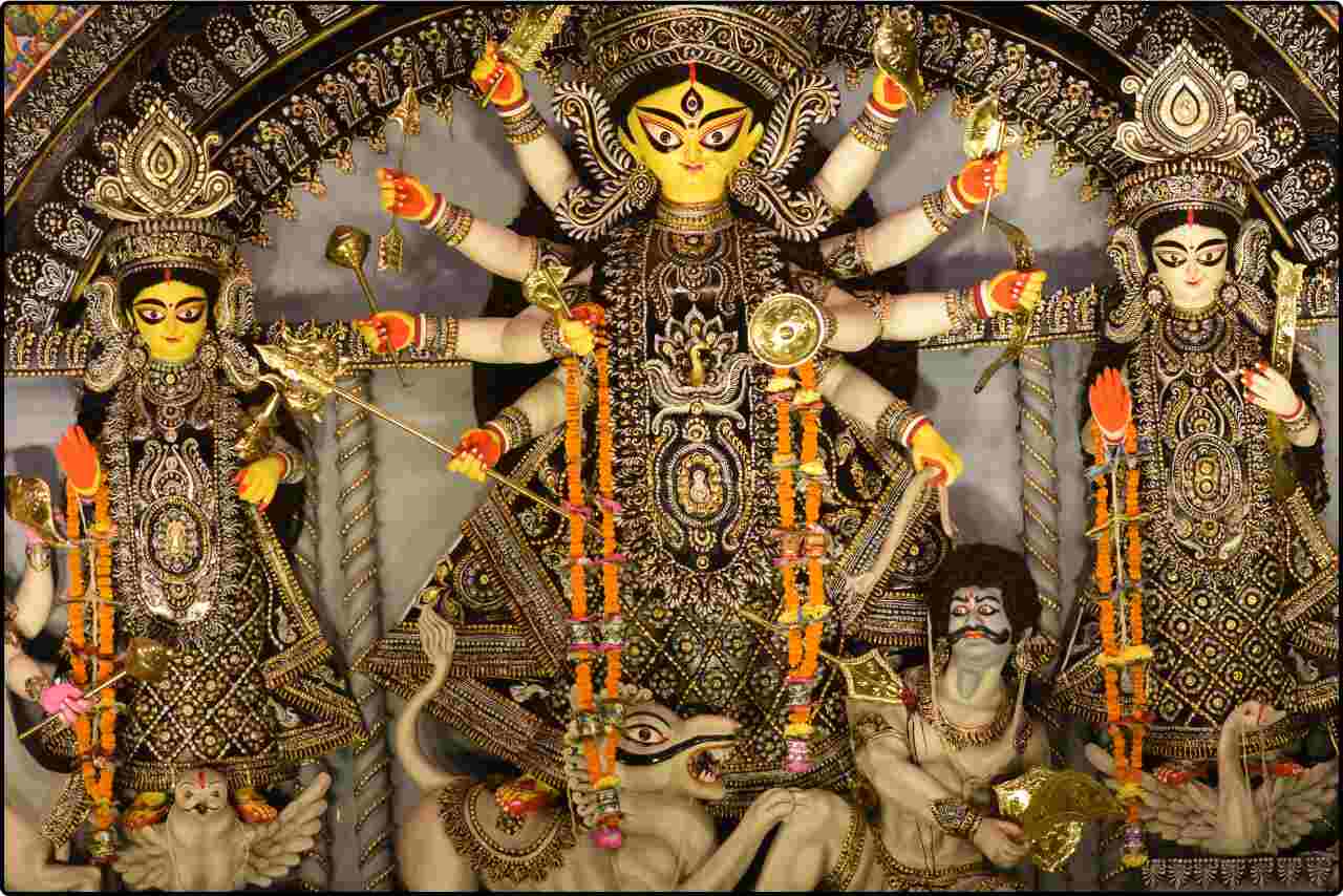 Close-up view of the divine Goddess Durga statue during the Puja.